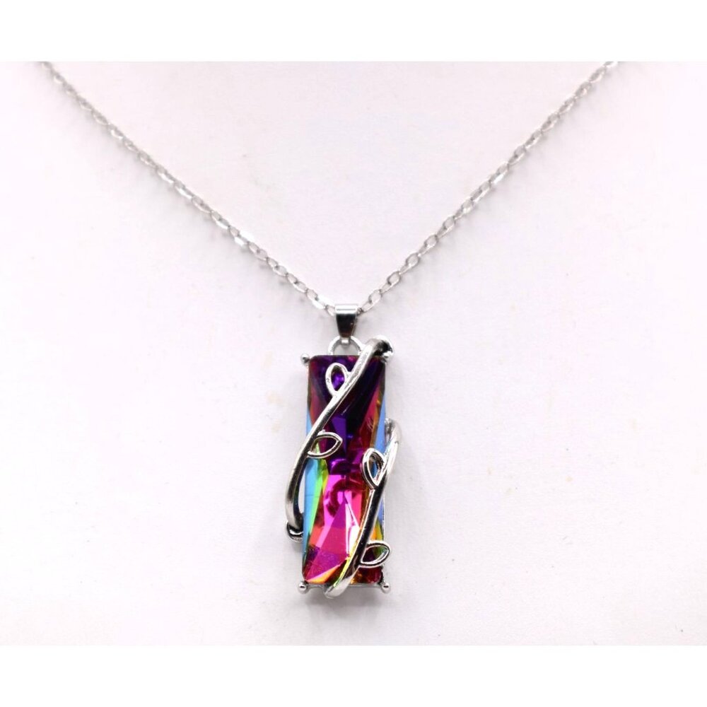 Mystic Quartz Crystal Tree of Life Pendant Necklace Silver Tone Aurora Borealis